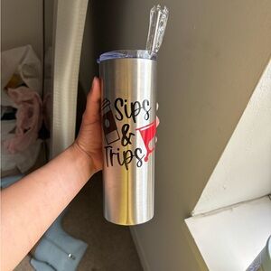 Silver Tumbler with Sips & Trips Design